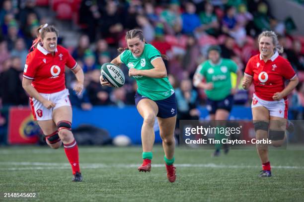 Katie Corrigan of Ireland races away to score a try during the Ireland V Wales, Women's Six Nations Rugby match at Virgin Media Park on April 13th in...