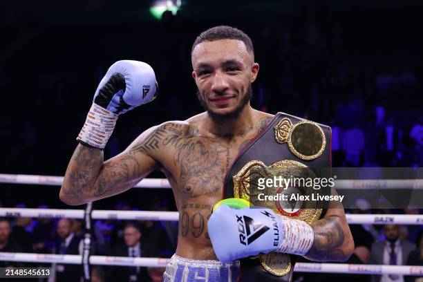 Zelfa Barrett poses for a photo with the title belt following victory over Jordan Gill in the WBA International Super-Featherweight title fight...