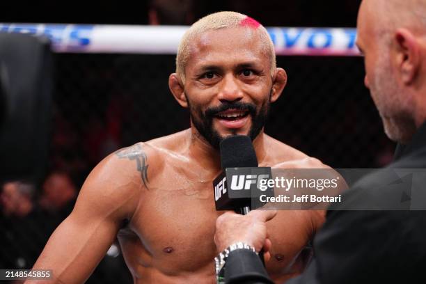 Deiveson Figueiredo of Brazil is interviewed by Joe Rogan in a bantamweight fight during the UFC 300 event at T-Mobile Arena on April 13, 2024 in Las...