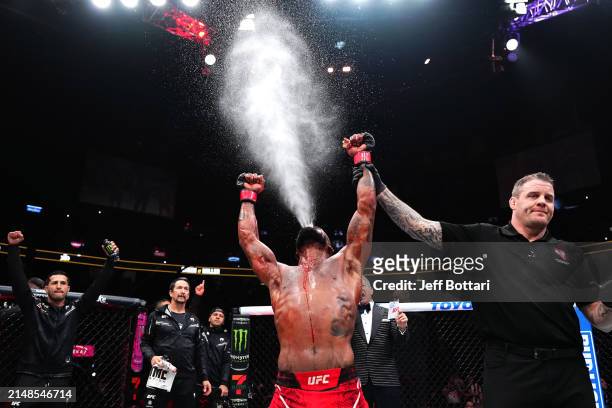 Bobby Green reacts to his win in a lightweight fight during the UFC 300 event at T-Mobile Arena on April 13, 2024 in Las Vegas, Nevada.