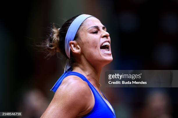 Carolina Alves of Brazil celebrates a point against Laura Siegmund of Germany during the Billie Jean King Cup Qualifier match between Brazil and...