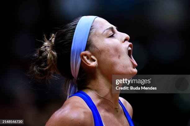 Carolina Alves of Brazil celebrates a point against Laura Siegmund of Germany during the Billie Jean King Cup Qualifier match between Brazil and...