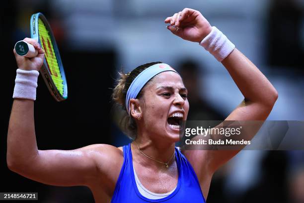 Carolina Alves of Brazil celebrates a point against Laura Siegmund of Germany during the Billie Jean King Cup Qualifier match between Brazil and...