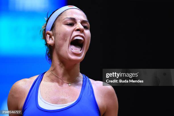 Carolina Alves of Brazil celebrates a point against Laura Siegmund of Germany during the Billie Jean King Cup Qualifier match between Brazil and...