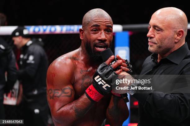 Joe Rogan interviews Bobby Green in a lightweight fight during the UFC 300 event at T-Mobile Arena on April 13, 2024 in Las Vegas, Nevada.