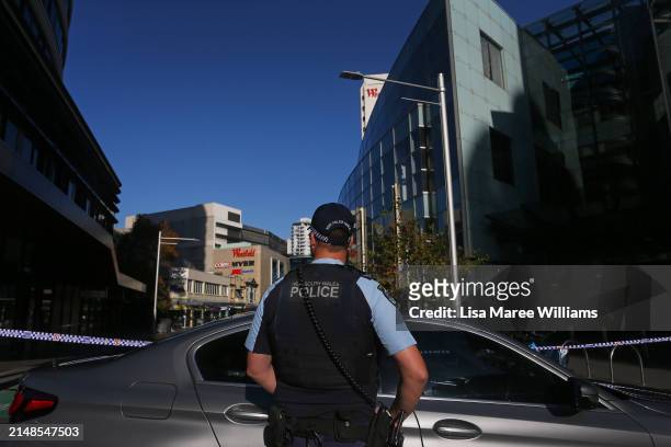 Police cordon off surrounding areas at Westfield Bondi Junction on April 14, 2024 in Bondi Junction, Australia. Six victims, plus the offender, who...