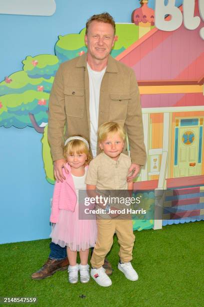 Kevin McKidd with Iona McKidd and Joseph McKidd arrive at Los Angeles Bluey "The Sign" Premiere Party at Walt Disney Studios on April 13, 2024 in...