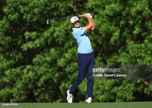 Ludvig Aberg of Sweden plays his second shot on the 11th hole during the third round of the 2024 Masters Tournament at Augusta National Golf Club on...
