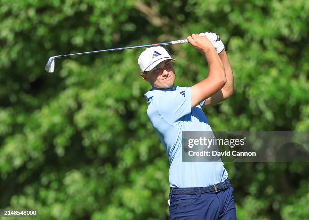 Ludvig Aberg of Sweden plays his second shot on the 11th hole during the third round of the 2024 Masters Tournament at Augusta National Golf Club on...