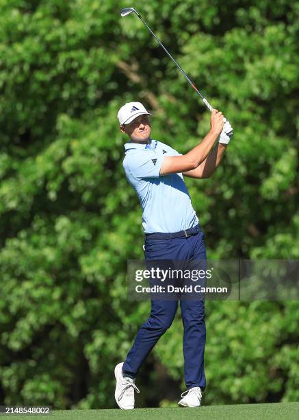 Ludvig Aberg of Sweden plays his second shot on the 11th hole during the third round of the 2024 Masters Tournament at Augusta National Golf Club on...