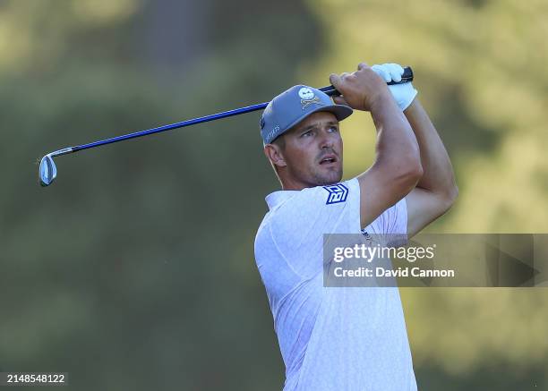 Bryson DeChambeau of The United States plays his second shot on the 17th hole during the third round of the 2024 Masters Tournament at Augusta...