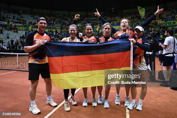 Team Germany pose for a photo after qualifying for the Billie Jean King Cup finals during the Billie Jean King Cup Qualifier match between Brazil and...
