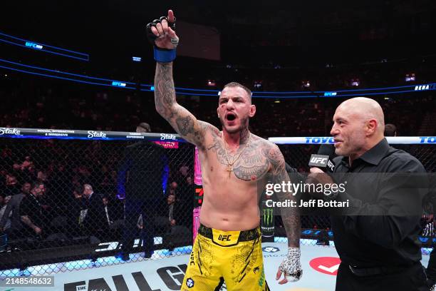 Joe Rogan interviews Renato Moicano of Brazil in a lightweight fight during the UFC 300 event at T-Mobile Arena on April 13, 2024 in Las Vegas,...