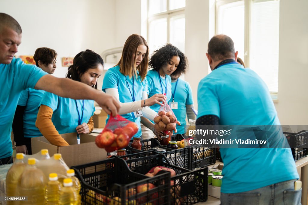 Team di assistenti di beneficenza che imballano i contributi alimentari