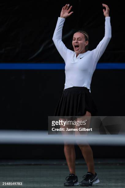 Ana Bogdan of Romania celebrates after winning her doubles match with Jaqueline Cristian during the Billie Jean King Cup Qualifier match against...