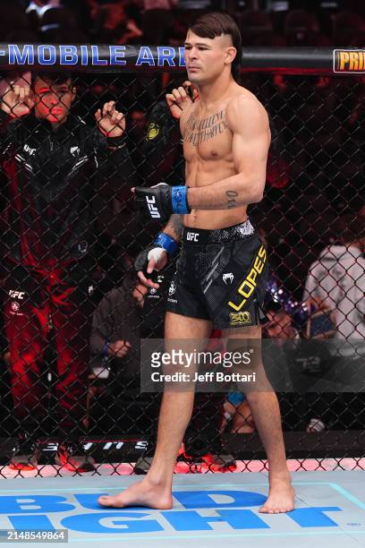 Diego Lopes of Brazil prepares to fight in a featherweight fight during the UFC 300 event at T-Mobile Arena on April 13, 2024 in Las Vegas, Nevada.