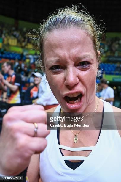Laura Siegmund of Germany celebrates after winning the match against to Carolina Alves of Brazil during the Billie Jean King Cup Qualifier match...