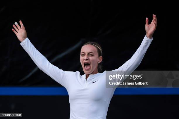 Ana Bogdan of Romania celebrates after winning her doubles match with Jaqueline Cristian during the Billie Jean King Cup Qualifier match against...