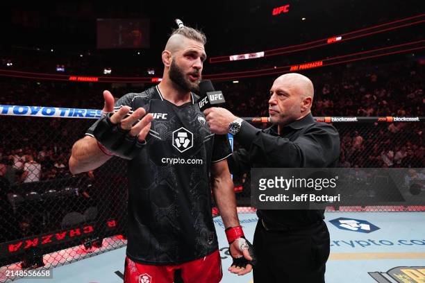 Joe Rogan interviews Jiri Prochazka of the Czech Republic in a light heavyweight fight during the UFC 300 event at T-Mobile Arena on April 13, 2024...