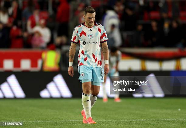 Rafael Czichos of Chicago Fire reacts after the second half at Red Bull Arena on April 13, 2024 in Harrison, New Jersey. The New York Red Bulls and...