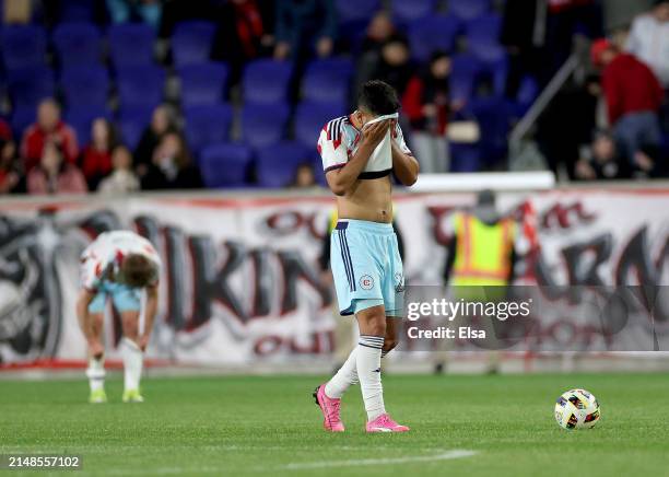 Kellyn Acosta of Chicago Fire reacts after the game against the New York Red Bulls at Red Bull Arena on April 13, 2024 in Harrison, New Jersey. The...