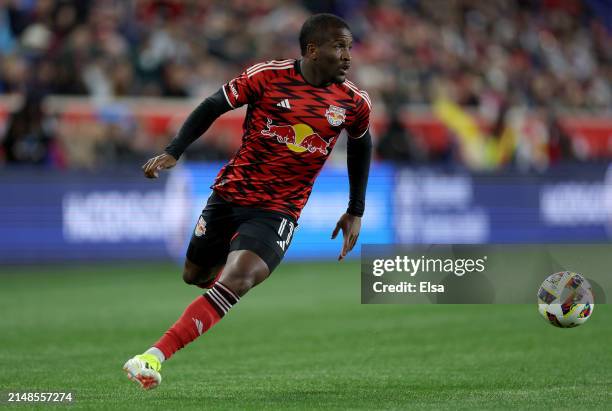 Elias Manoel of New York Red Bulls heads for the net during the second half against the Chicago Fire at Red Bull Arena on April 13, 2024 in Harrison,...