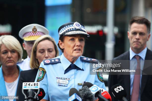 Police Commissioner Karen Webb speaks during a press conference at Westfield Bondi Junction on April 14, 2024 in Bondi Junction, Australia. Six...