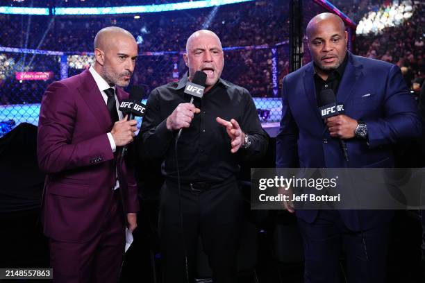 Jon Anik, Joe Rogan and Daniel Cormier announce the fights during the UFC 300 event at T-Mobile Arena on April 13, 2024 in Las Vegas, Nevada.