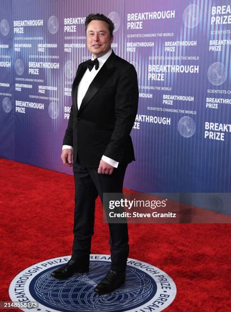 Elon Musk arrives at the 10th Annual Breakthrough Prize Ceremony at Academy Museum of Motion Pictures on April 13, 2024 in Los Angeles, California.