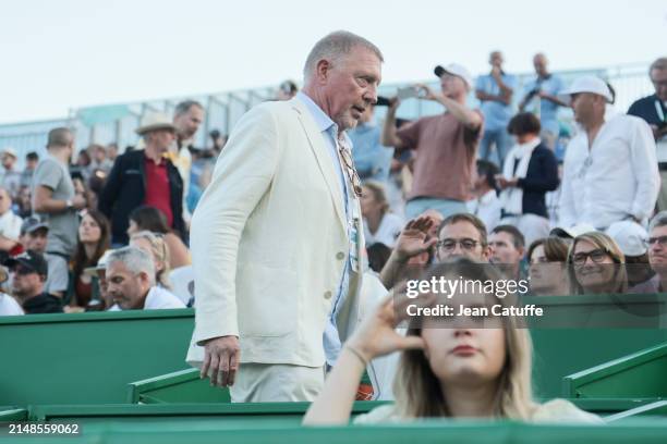 Boris Becker attends the doubles match of Alexander Sascha Zverev of Germany on day 7 of the Rolex Monte-Carlo Masters at Monte-Carlo Country Club on...