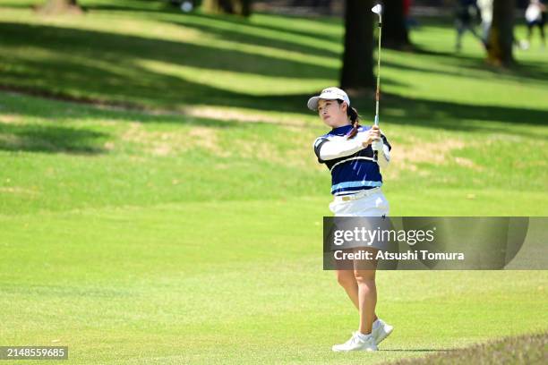 Sakura Koiwai of Japan hits her third shot 9 during the final round of KKTcup VANTELIN Ladies Open at Kumamoto Kuko Country Club on April 14, 2024 in...