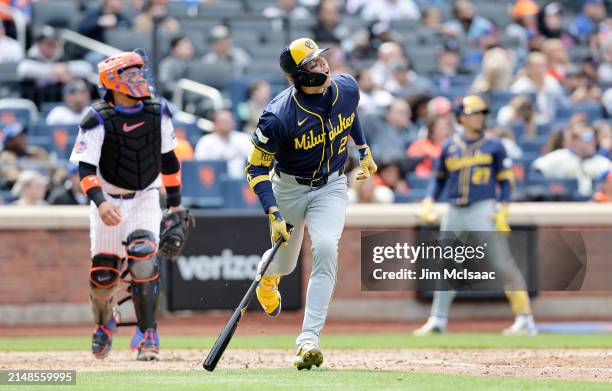 Christian Yelich of the Milwaukee Brewers in action against the New York Mets at Citi Field on March 30, 2024 in New York City. The Brewers defeated...