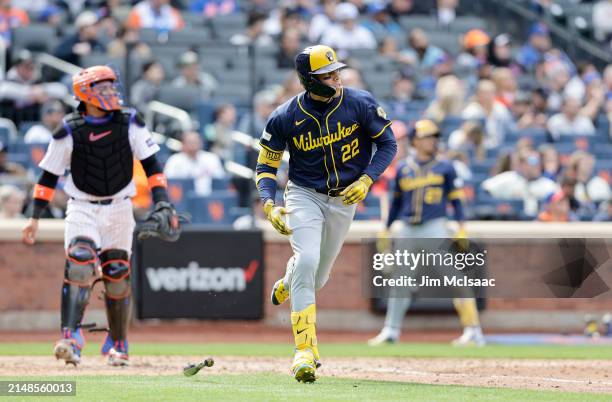 Christian Yelich of the Milwaukee Brewers in action against the New York Mets at Citi Field on March 30, 2024 in New York City. The Brewers defeated...