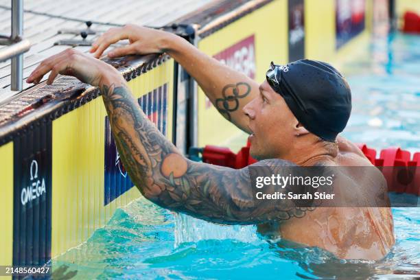 Caeleb Dressel reacts after competing in the Men's 50m Freestyle final on Day 4 of the TYR Pro Swim Series San Antonio at Northside Swim Center on...