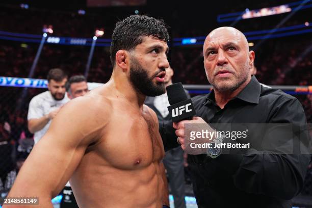 Joe Rogan interviews Arman Tsarukyan of Georgia in a lightweight fight during the UFC 300 event at T-Mobile Arena on April 13, 2024 in Las Vegas,...