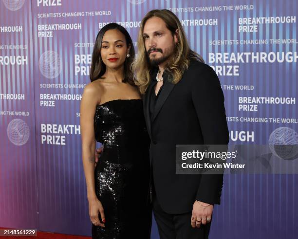 Zoe Saldana and Marco Perego attend the 10th Annual Breakthrough Prize Ceremony at Academy Museum of Motion Pictures on April 13, 2024 in Los...