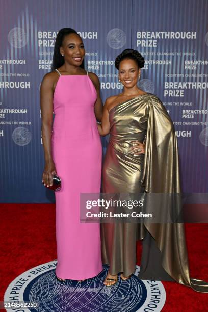 Venus Williams and Alicia Keys attend the 10th Breakthrough Prize Ceremony at the Academy of Motion Picture Arts and Sciences on April 13, 2024 in...