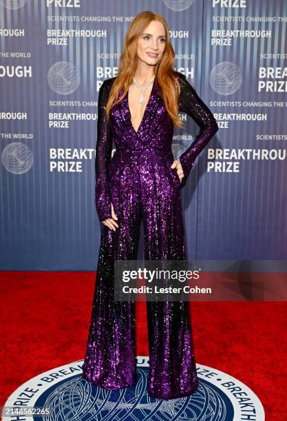 Jessica Chastain attends the 10th Breakthrough Prize Ceremony at the Academy of Motion Picture Arts and Sciences on April 13, 2024 in Los Angeles,...