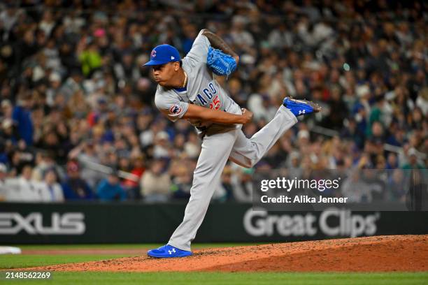 Yency Almonte of the Chicago Cubs throws a pitch during the seventh inning against the Seattle Mariners at T-Mobile Park on April 13, 2024 in...