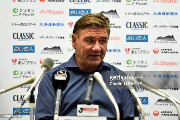 Head coach Mihailo Petrovic of Consadole Sapporo speaks at the post match press conference after the J.League J1 match between Hokkaido Consadole...