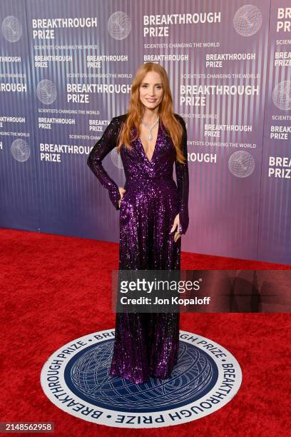 Jessica Chastain attends the 10th Breakthrough Prize Ceremony at the Academy of Motion Picture Arts and Sciences on April 13, 2024 in Los Angeles,...