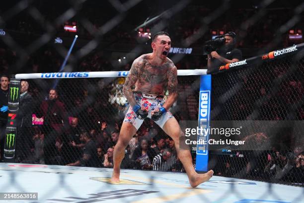 Max Holloway reacts to the knockout of Justin Gaethje in the BMF championship fight during the UFC 300 event at T-Mobile Arena on April 13, 2024 in...