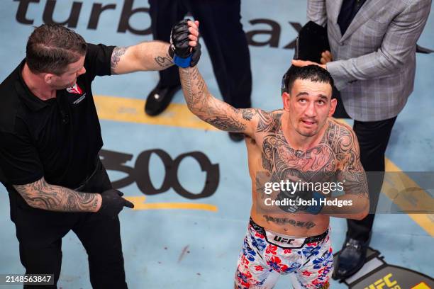 Max Holloway reacts after his knockout victory against Justin Gaethje in the BMF championship fight during the UFC 300 event at T-Mobile Arena on...