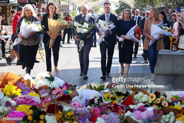 Prime Minister Anthony Albanese, NSW Premier Chris Minns and Allegra Spender lay floral tributes Oxford Street Mall at Westfield Bondi Junction on...