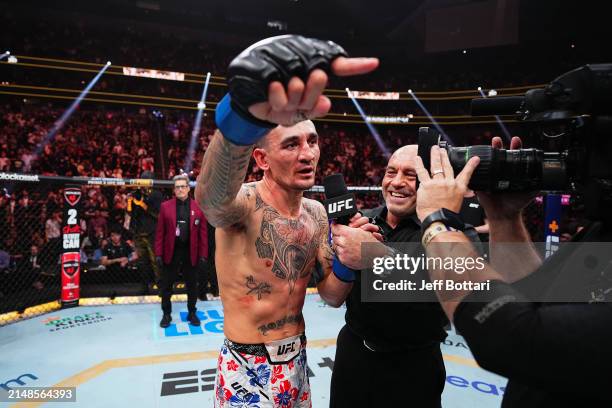 Joe Rogan interviews Max Holloway in the BMF championship fight during the UFC 300 event at T-Mobile Arena on April 13, 2024 in Las Vegas, Nevada.