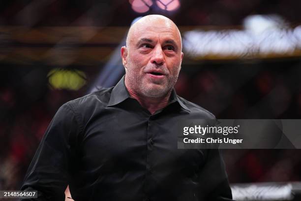Joe Rogan enters the Octagon in the BMF championship fight during the UFC 300 event at T-Mobile Arena on April 13, 2024 in Las Vegas, Nevada.