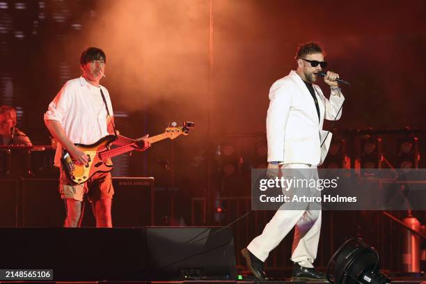 Alex James and Damon Albarn of Blur perform at the Coachella Stage during the 2024 Coachella Valley Music and Arts Festival at Empire Polo Club on...