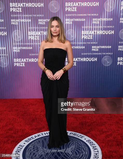 Margot Robbie arrives at the 10th Annual Breakthrough Prize Ceremony at Academy Museum of Motion Pictures on April 13, 2024 in Los Angeles,...