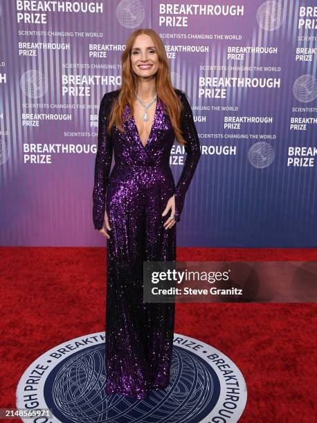 Jessica Chastain arrives at the 10th Annual Breakthrough Prize Ceremony at Academy Museum of Motion Pictures on April 13, 2024 in Los Angeles,...