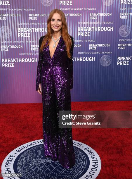 Jessica Chastain arrives at the 10th Annual Breakthrough Prize Ceremony at Academy Museum of Motion Pictures on April 13, 2024 in Los Angeles,...